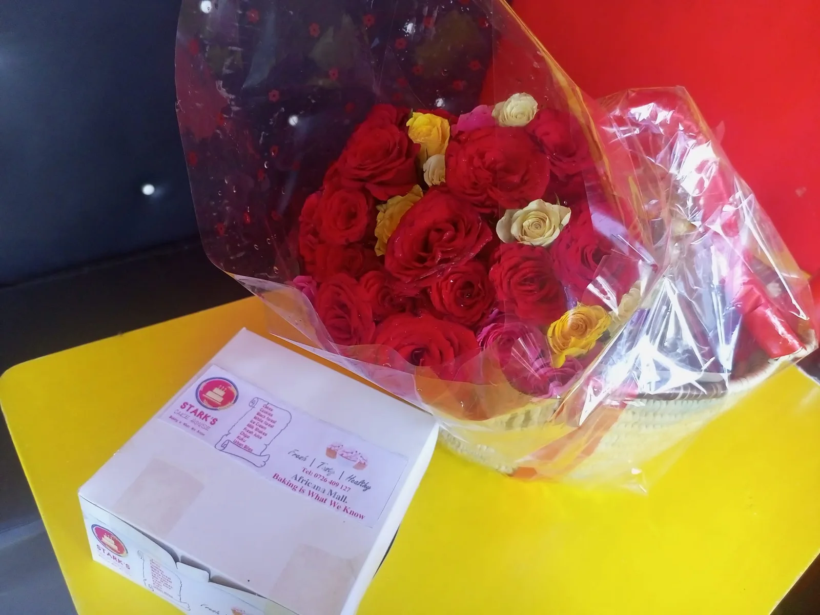 Flowers, cake and chocolate gift by Stark’s Cake House in Turkana